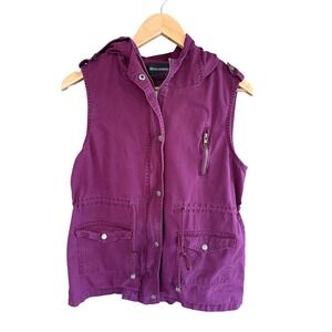 Zenana Outfitters Womens Utility Vest Purple Cotton Hooded Cargo Jkt L QJ-2445